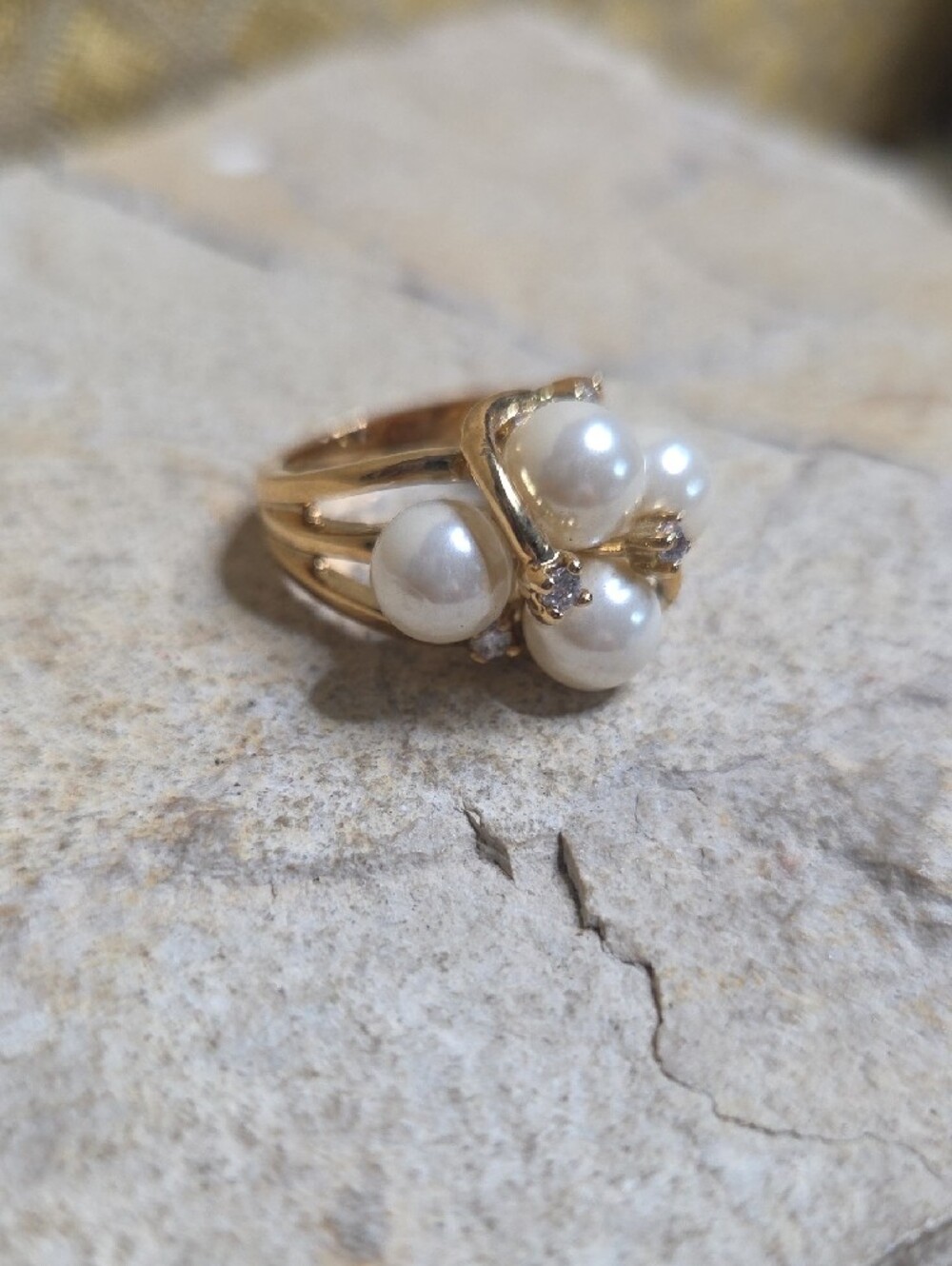 Vintage Gold Filled Pearl Cluster Ring Clear Accents 5 Elegant Women’s Jewelry